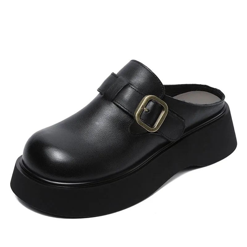 DRKANOL 2026 British Style Genuine Leather Chunky Platform Slippers Women Round Toe Casual Slides Wedges Slip On Slingback Shoes