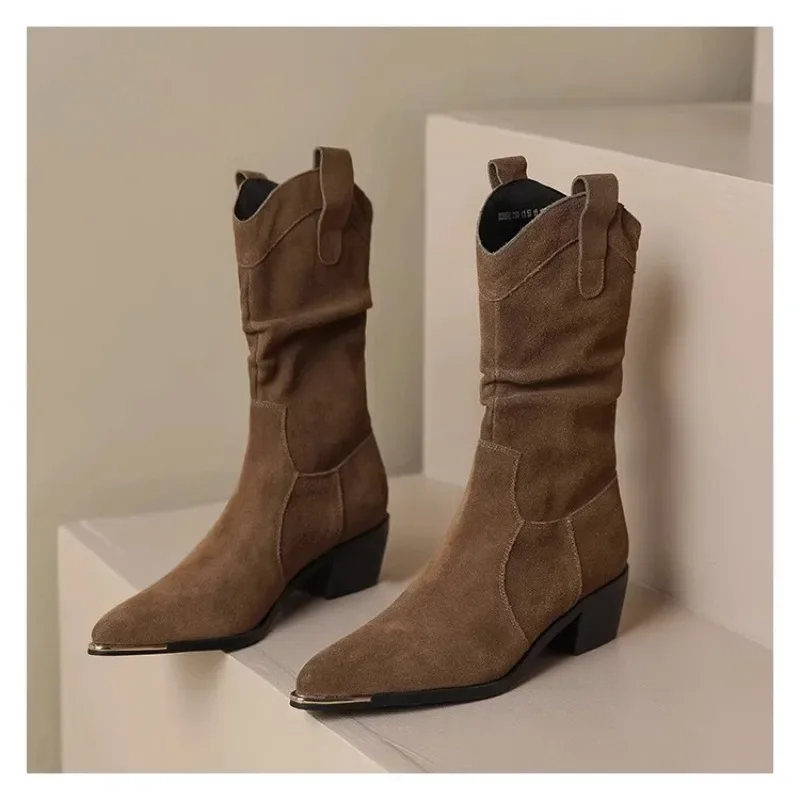 New Style Fashion Winter Classic Boots for Woman Cow Suede Pointy Toe Wedge Heel Ankle Boots Simple Comfort Cowboy Boots Female