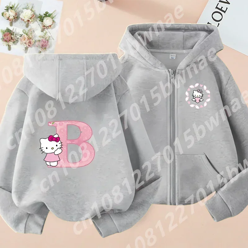 New 2024 Hello Kitty Zipper Hoodie, 26 English Letters, Kawaii Harajuku Pattern, Fashionable Sports Girl Top, Girl Sater Hoodie