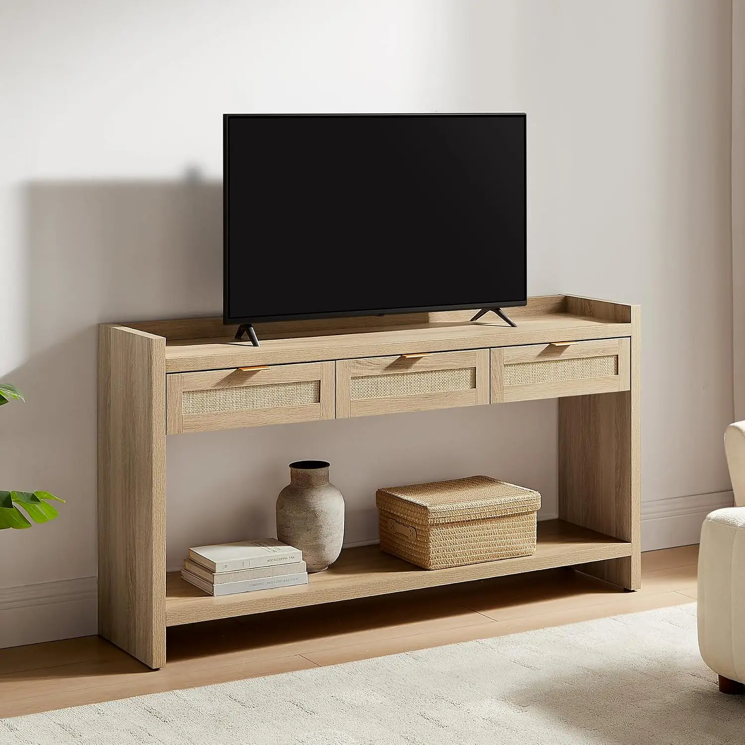 60‑Inch Rattan Farmhouse Console Sofa Table with Storage Drawers, Long Narrow Behind‑Couch Accent Table for Entryway, Hallway, Foyer and Living‑Room view 4