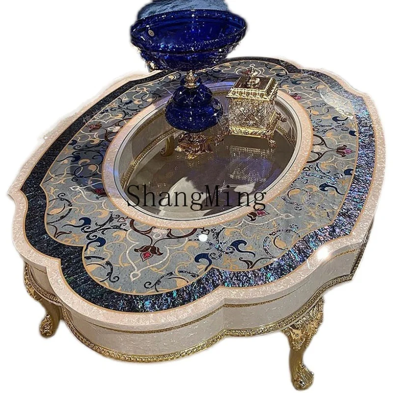 

HJ solid wood color shell parquet oval tea table luxury palace coffee table villa living room household tea table