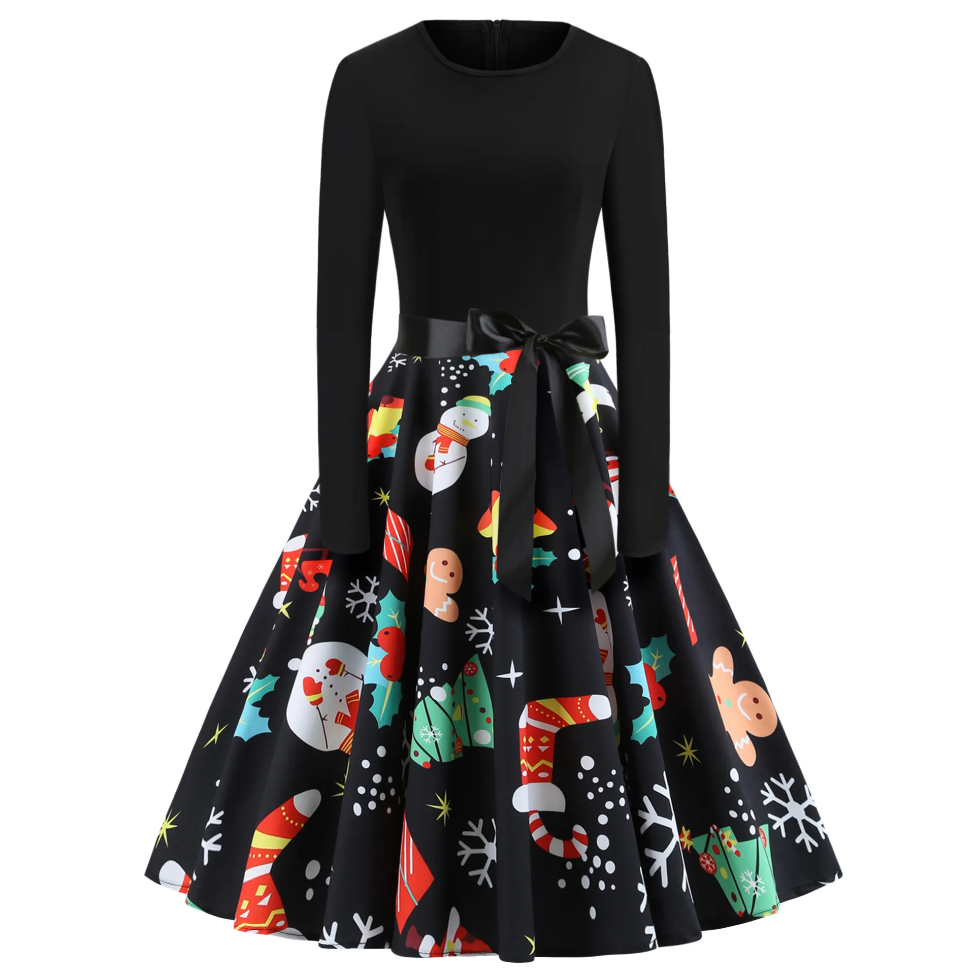 

Christmas Print Midi Dresses Women Fashion O Neck Long Sleeve Black Ribbon Bowknot A-line Dress Female Christmas Party Vestidos