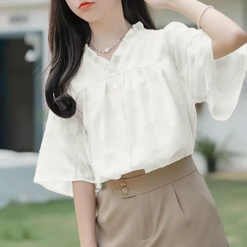 Women Summer Simplicity Fashion Loose Ruffles All-match Solid Color Short Sleeve Chiffon Shirts Ladies Casual Appear Thin Tops