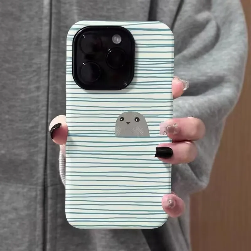 Cute Cartoon Striped Sea Lion Phone Case for Samsung Galaxy S20 S23 S24 S25 S26 FE Plus Ultra Edge 4G 5G Double-layer Back Cover