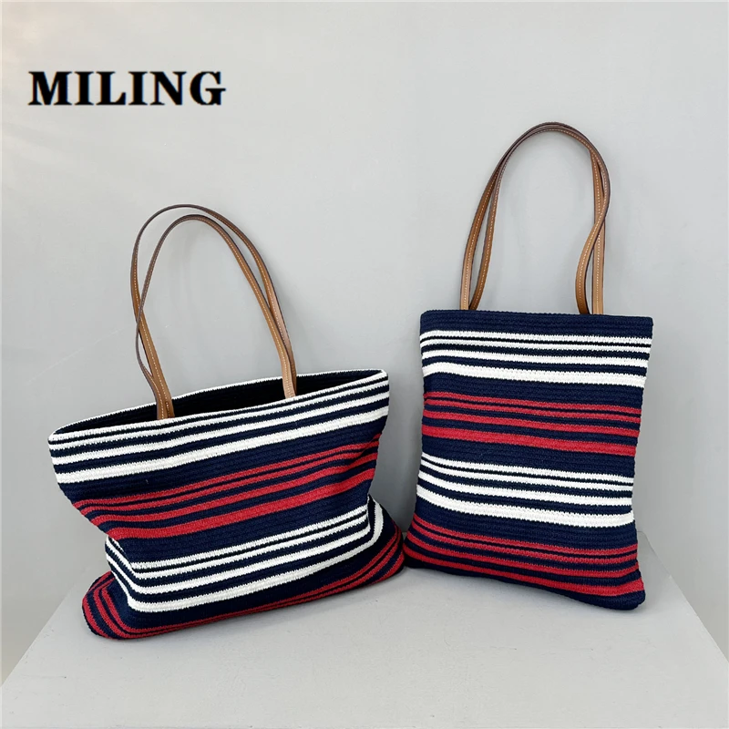 

Women Colorful Striped Woven Tote Bag Large Capacity Commuting Shoulder Bag Beach Shopping Underarm Shoulder Bag Knitted Handbag