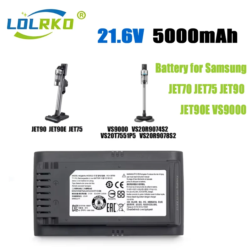 NEW 5000mAh Vacuum Cleaner Battery VCA-SBT90, VCA-SBT90E,DJ96-00221A for Samsung VS9000, Jet VS70, Jet90, Jet75, Jet 75 21.6V