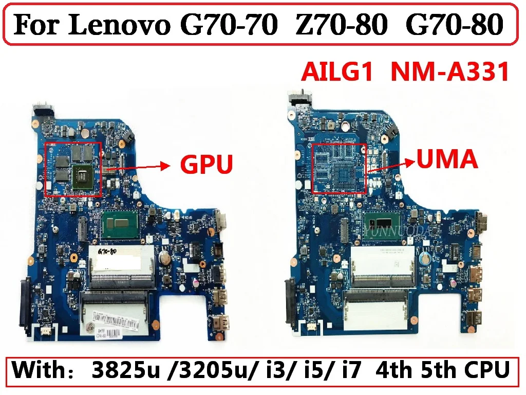 

NM-A331 For Lenovo G70-70 Z70-80 G70-80 Laptop motherboard With 3825 3205 I3 I5 I7 4th 5th Gen CPU GT920M GT820M 2G 100% Tested