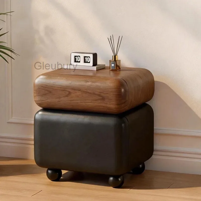 Rolling Side Nightstands Solid Wood Modern Top Leather Cushion With Silent Ball Casters Storage For Bedroom Sofa