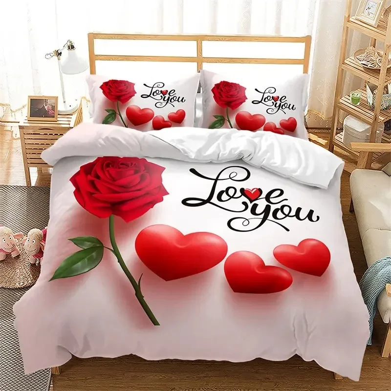 Love Heart Duvet Cover Romantic Theme Valentine's Day Bedding Set Microfiber Rose Floral Comforter Cover Queen for Teen Couple