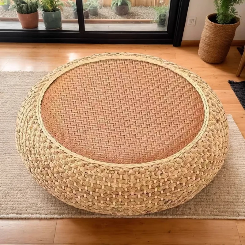 Handwoven Water Hyacinth Rattan Stool, Bohemian Round Ottoman for Bedroom, Bay Window, Natural Eco-Friendly Seat Pouf Footstool