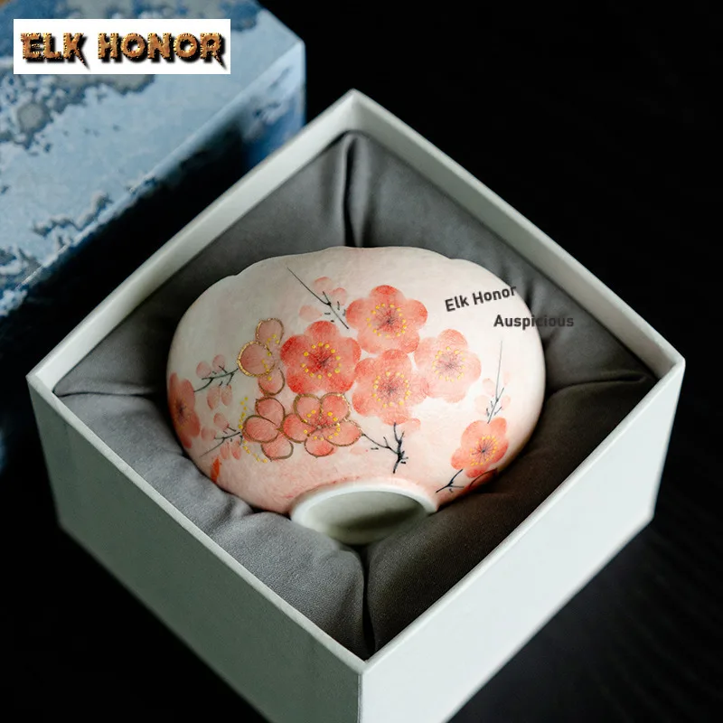 195ml Gold Drawing Hand-painted Plum Blossom Eggshell Teacup Tea Bowl Mug Tea-tasting Fragrance Cup Jianzhan Master Cups Teaset