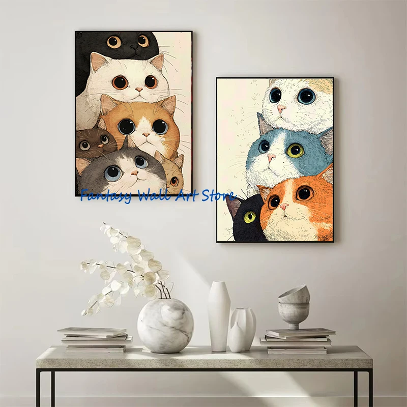 Stack of Cute Cartoon Cats Illustration Nursery Art Cute Cartoon Kitten Painting Poster Canvas Painting Wall Pictures Home Decor