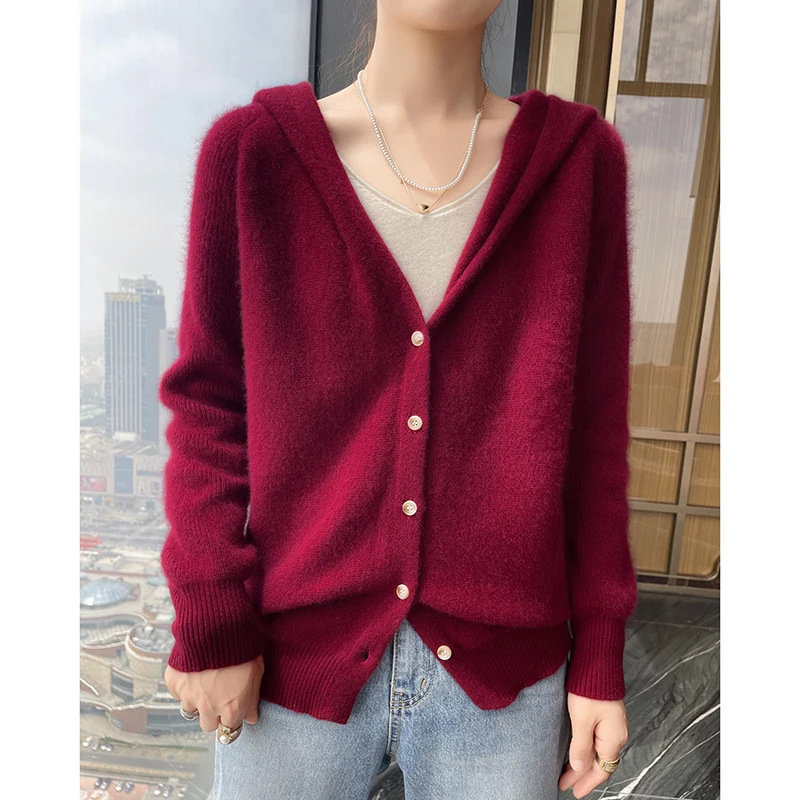 Neu 2025 Damen-Strickjacke, 100 % Kaschmir-Pullover, Frühling und Sommer, dünne Ausgabe, langärmelig, gestrickt, Kapuzenpullover, kurzer Mantel