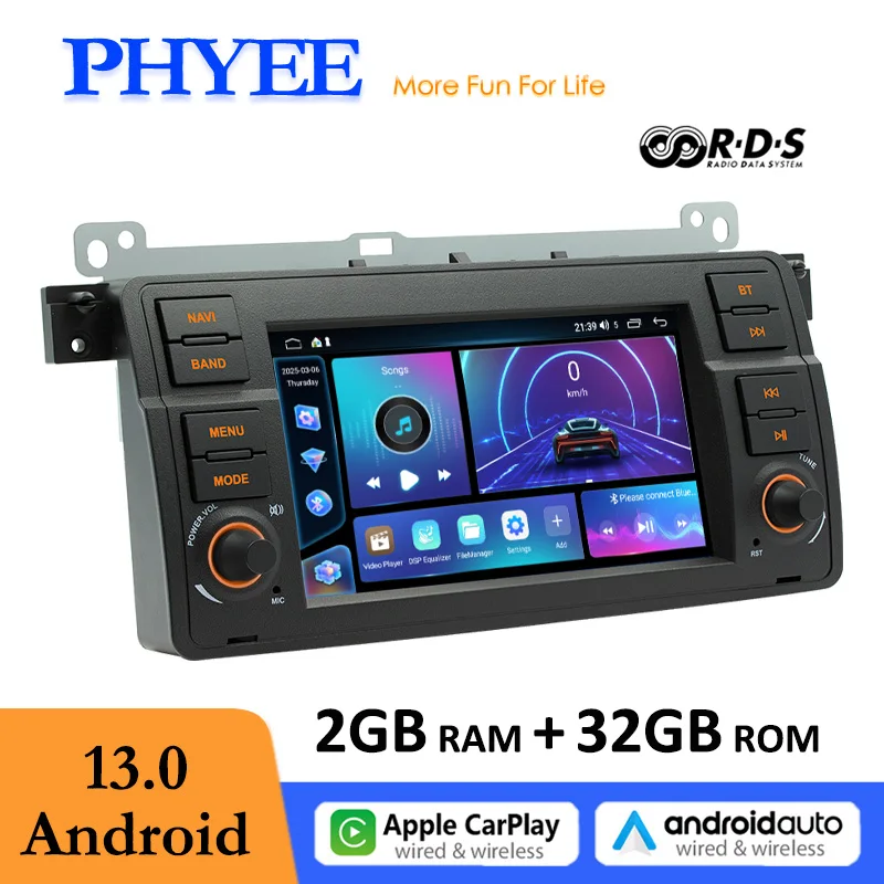 

Car Multimedia CarPlay Android Radio with GPS Navigation, Android-Auto, Bluetooth, 7 inch Head Unit for BMW 3 E46 1998 to 2005