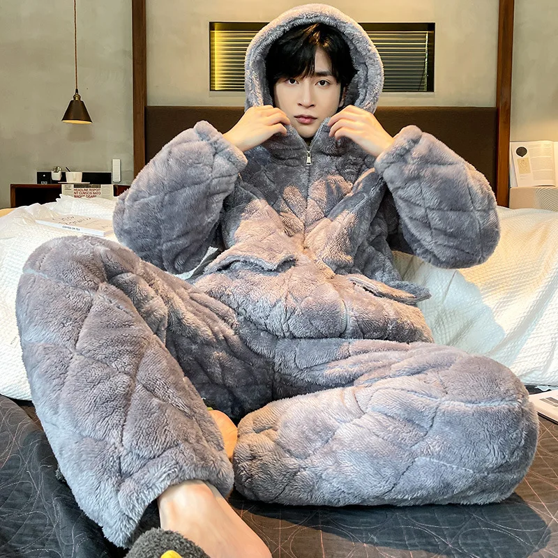 Men Winter Pajamas Suit With Zipper Three-Layer Thickened Sleepwear Nightwear Coral Fleece Warm Home Clothes Loungewear