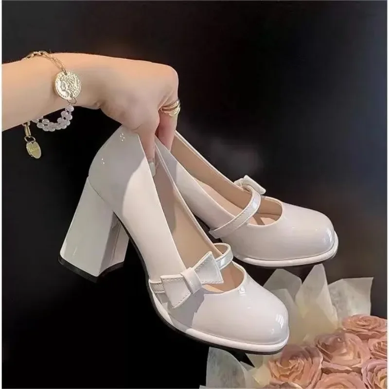 

2025Sweet Bow High Heels Slip on Jane Shoes Women's Cute Round Shape Toe Cap Party Shoes for Women Patent Leather Pumps Tacones
