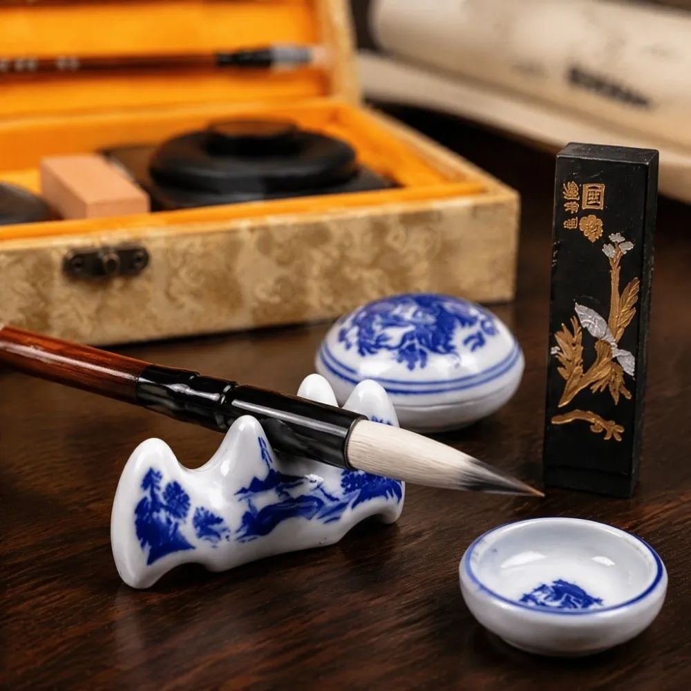 11 pcs Brush Pen Chinese Calligraphy Set Inkstone Ink Stick Traditional Brush Pen Set Traditional Design Silk Brocade Box