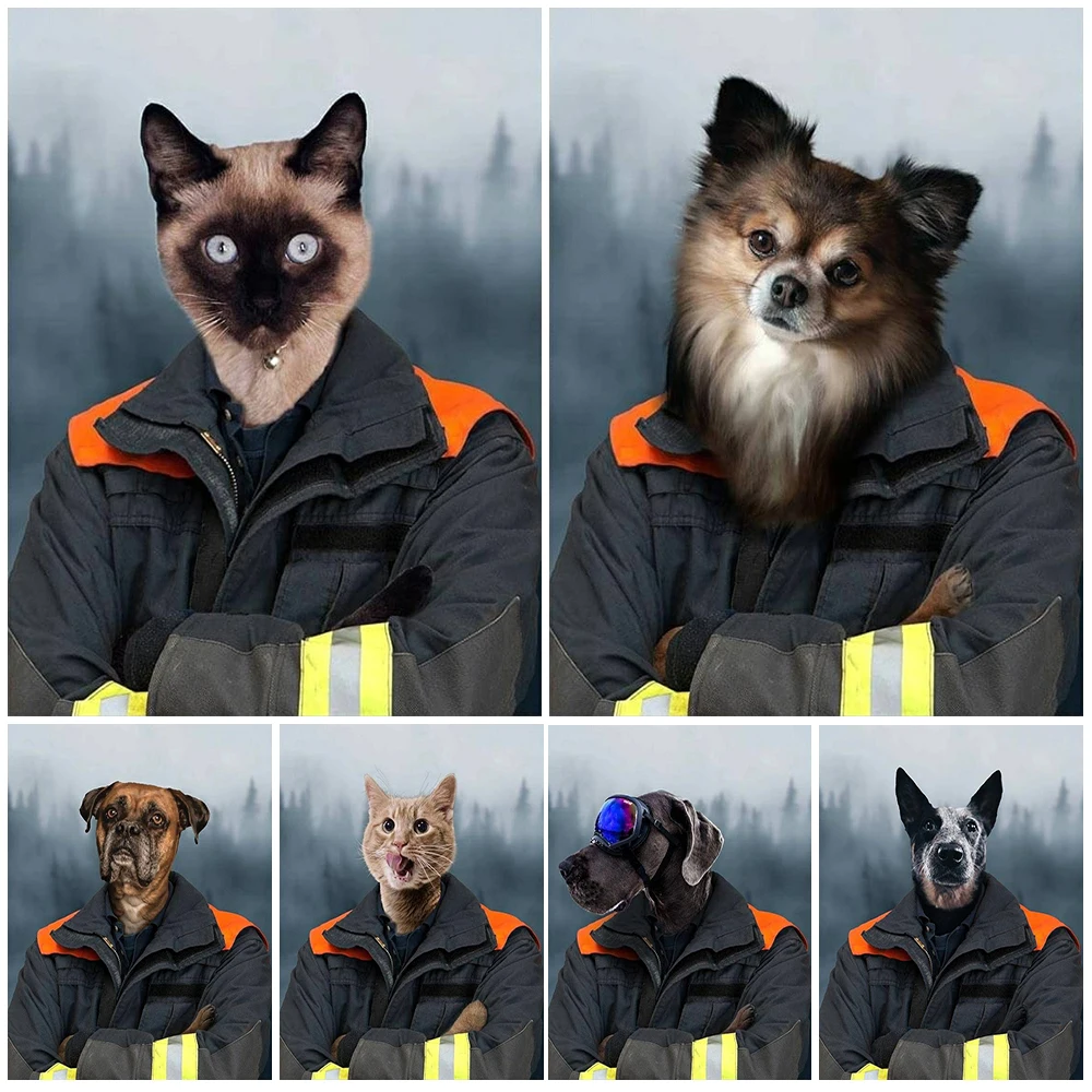 Fireman Portrait Pet Dog Cat Funny Gift Posters Wall Pictures For Living Room Nordic Poster Wall Art Canvas Painting Unframed