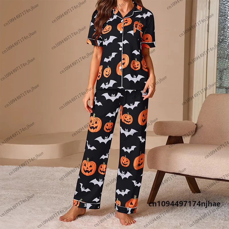 Women's Tracksuit Halloween Pumpkin Ghost Print Pajamas T-shirt+Pajama Pants Sets Casual Home Suit 2 Piece Sleepwear Outfits