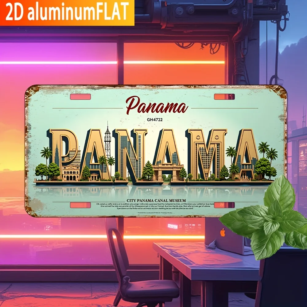 Décoration murale vintage en aluminium 2D plate, 1 pièce |   Panneau métallique vintage avec motif de l'horizon de Panama et plaque d'immatriculation, idéal pour la maison