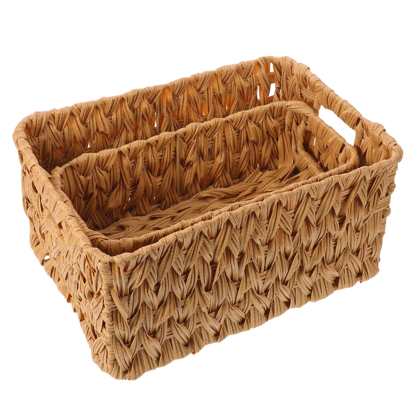 2Pcs Woven Storage Baskets Imitation Rattan Small Desktop Organizer Beige Handcrafted Office Makeup Stationery Sundries Storage