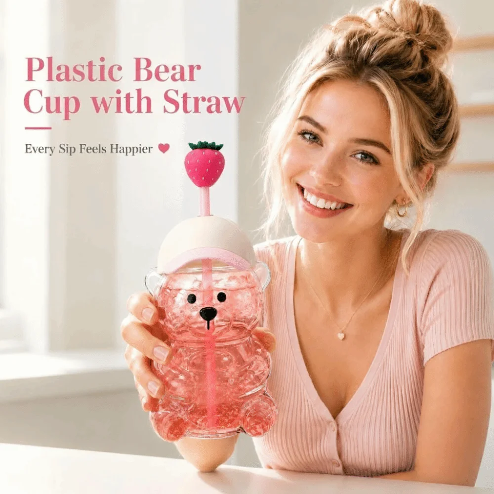 Gifts with Lid Bear Drinking Cup Transparent Large Capacity Bear Straw Cup Teddy Bear Plastic Cup Home and Work