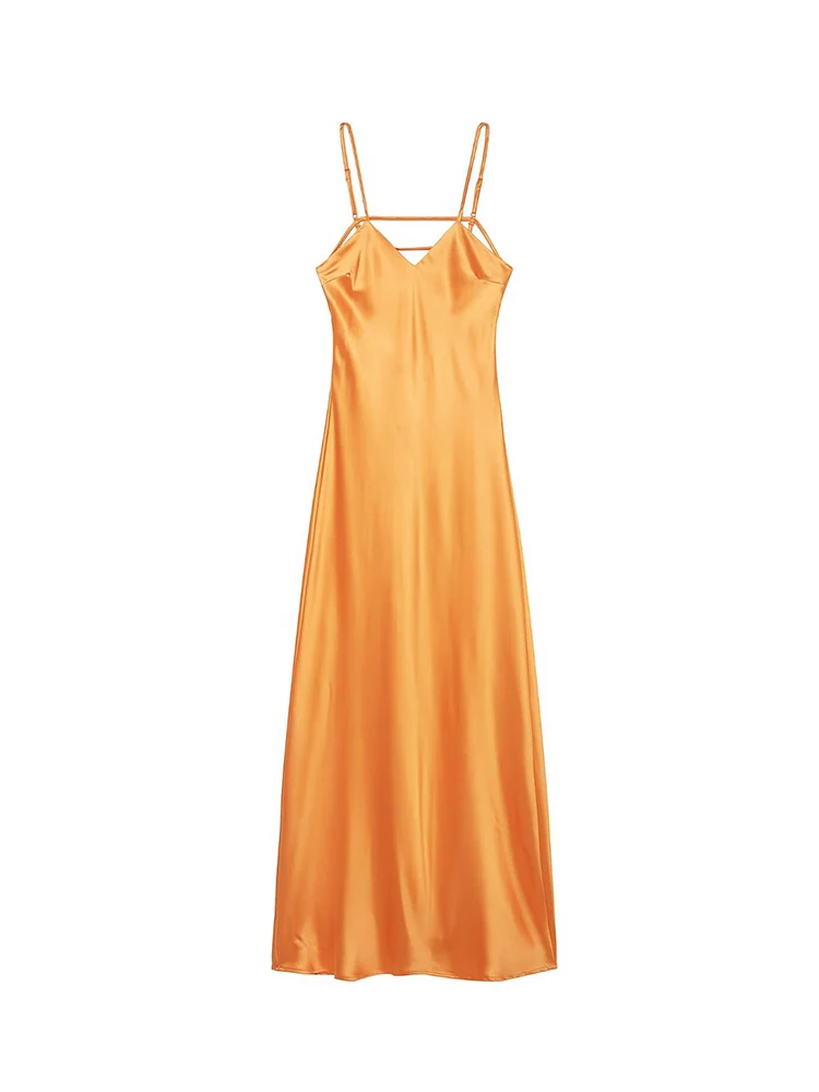 TFMLN Sommer Frauen Neue Einfarbig Midi Sling Kleid V-ausschnitt Mode Backless Strap Satin Zipper Party Kleid Sexy Urlaub Tragen