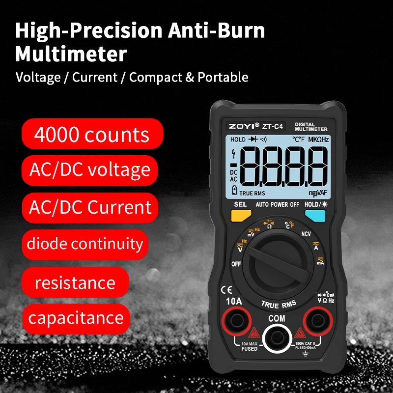 ZOYI ZT-C4 Kompaktes Basis-Multimeter für Haushaltsgeräte-Reparaturen, True RMS, Unverzichtbar für Elektriker