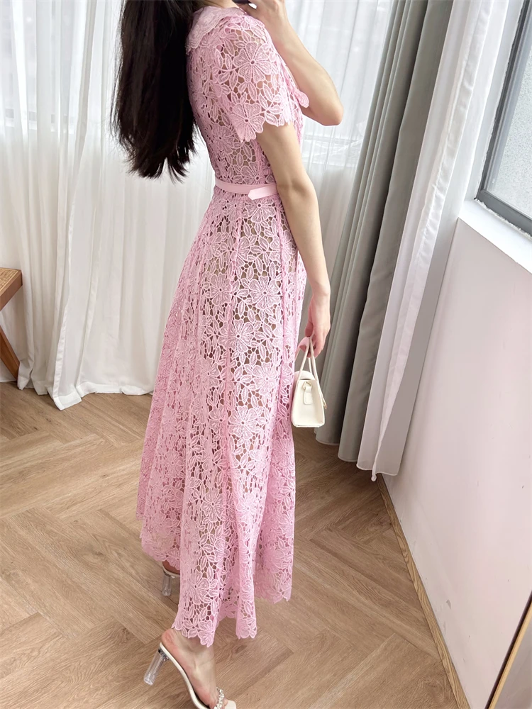 Sheer dresses for women Waist tightening lace dress, pink lapel with diamond buckle, sweet mid length dress, wealthy daughter