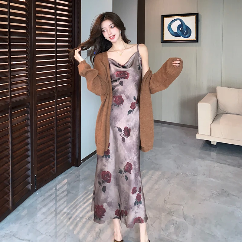 Vestido vintage floral estampado cetim feminino estilo francês vestido longo preguiçoso elegante