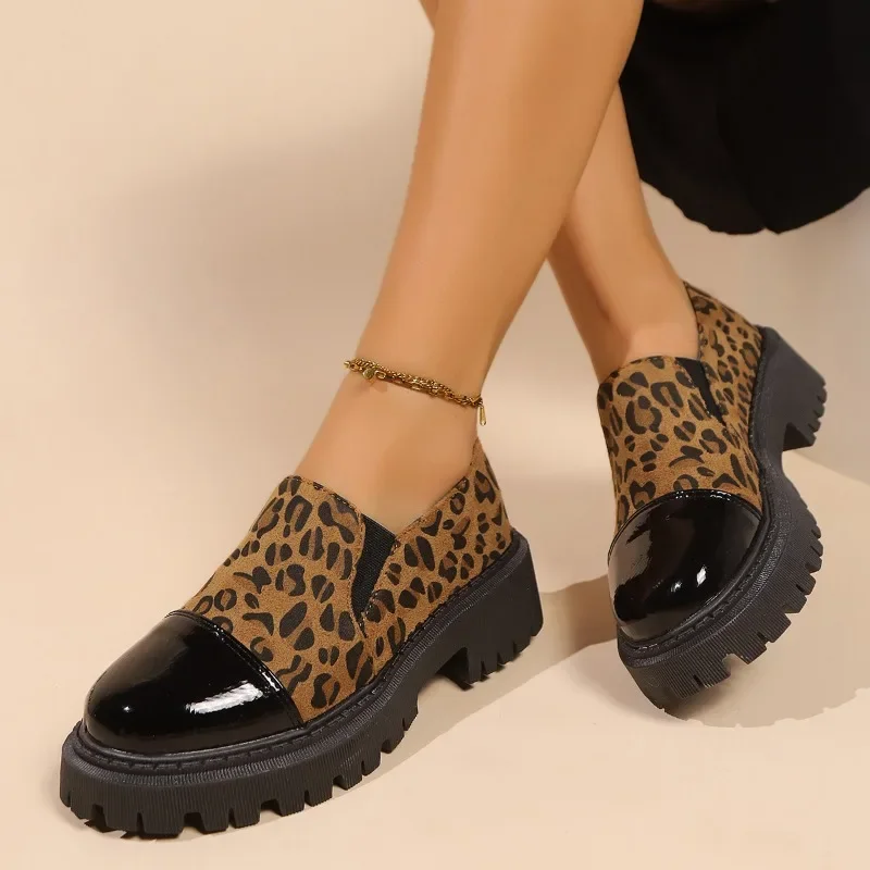 

Women's Fashion Leopard Patchwork Slip-on Loers Chunky Heel Platform Flats New Moccasins Casual Shoes Plus Size 41 42 Zapatos