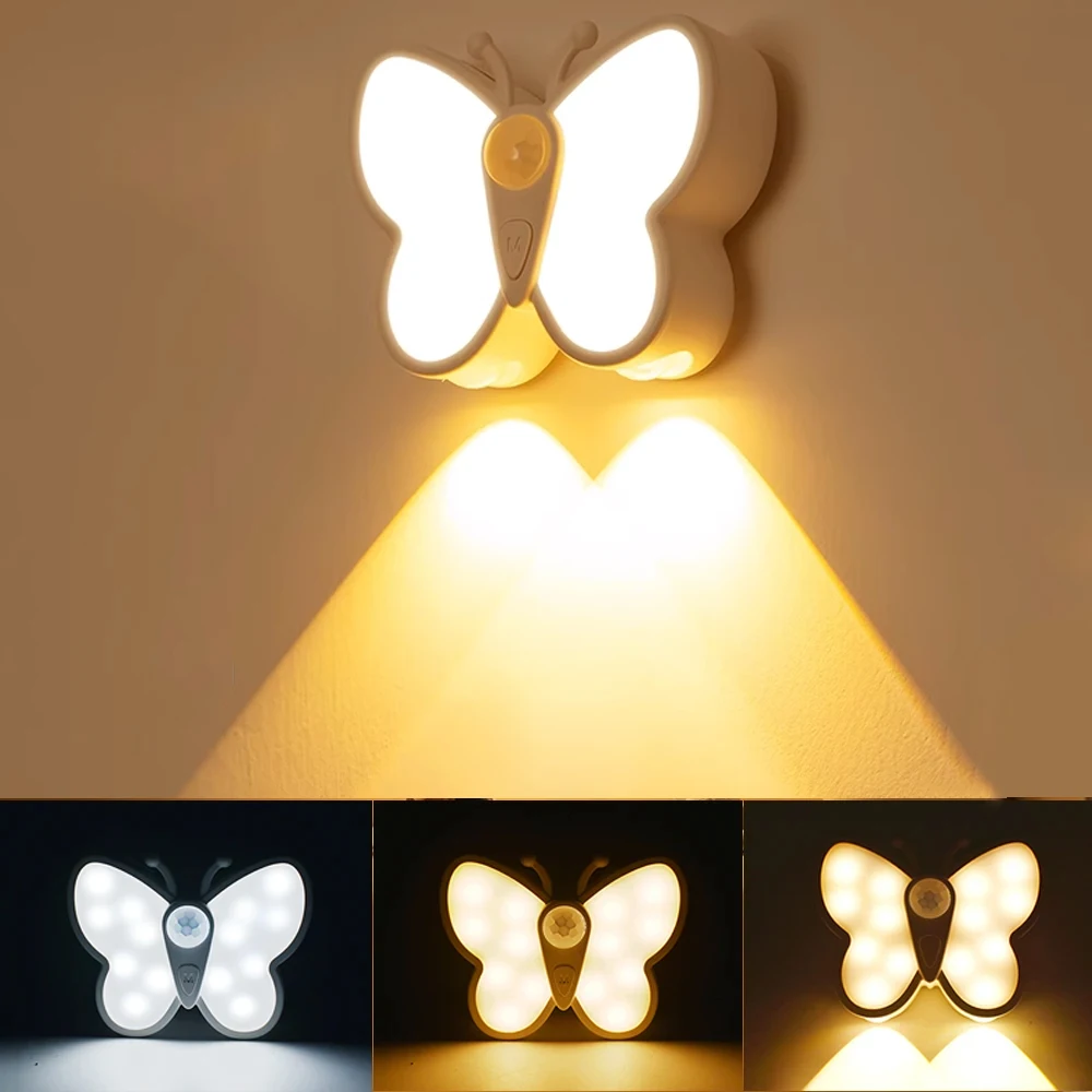 Creative Butterfly Wall Lamp Motion Sensor LED Night Light USB Rechargeable Dimmable Light for Bedroom Living Room Stair Light