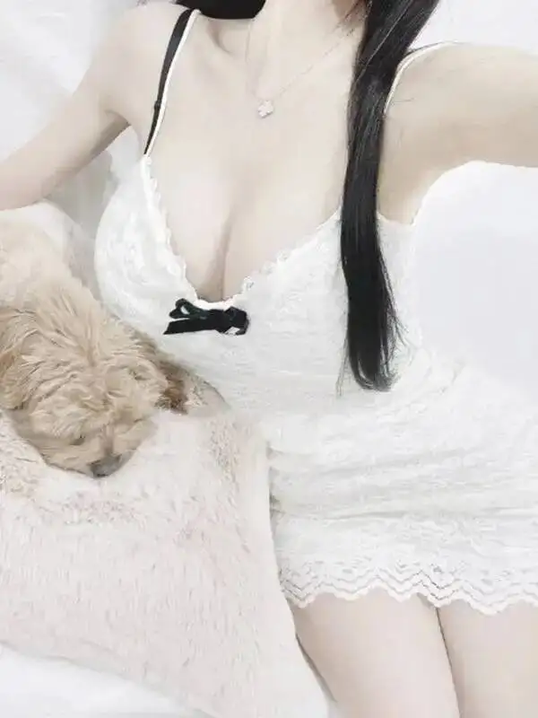 2026 Spring/summer Korean Version New V-neck Bow Lace Splicing Sling Dress Women High Waist Solid Slim Wrap Hip Dress 0ROS