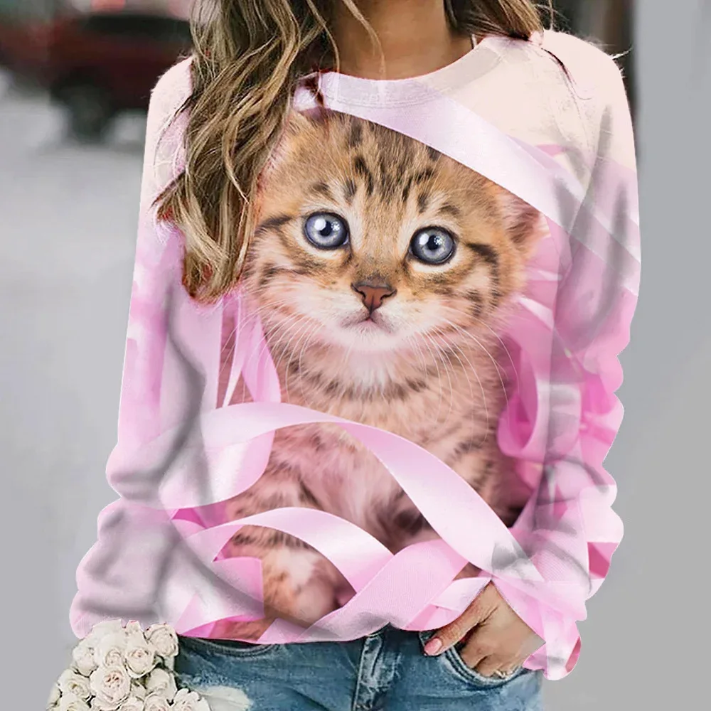 Tiki\'s new cute cat y2k hoodies Women\'s sweatshirts women\'s 3D printed hoodie fashionable round neck long sleeved hooded sweatsh