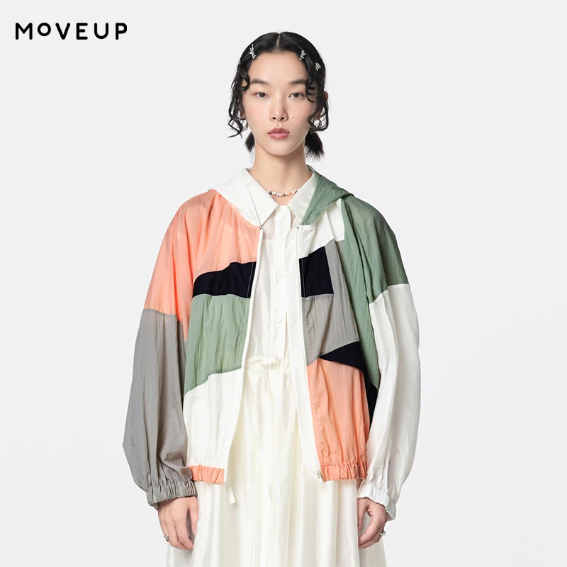 

MOVEUP Casual Hooded Jacket 2026 Summer New Contrast Color Patchwork Drop Sleeves Loose Breathable Jacket For Women 124220702