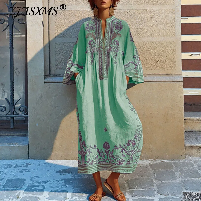 Ethnic Vintage Print Loose Long Dresses Woman Spring Boho V Neck Pocket A-Line Maxi Dress Casual Long Sleeve Summer Party Dress