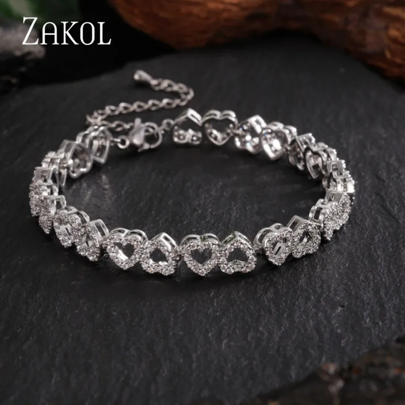 

ZAKOL Trendy Heart Cubic Zirconia Bracelet Gold Silver Color Chain Bracelets Stylish Wedding Party Jewelry for Women Gift