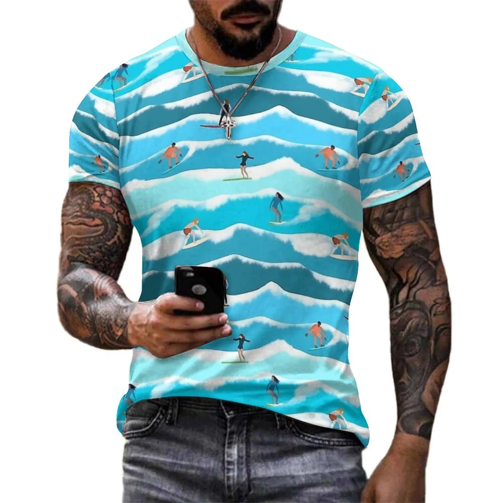 Big Size T Shirt Summer Wave Print T-Shirts West Surfers Casual Round Neck Tshirt Men Hip Hop Custom Clothing