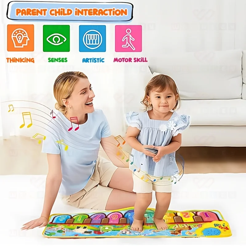 Kids Musical Piano Mat with 6 Animal Sounds, Foldable Anti-Slip Floor Keyboard Early Education Music Toy Gift for Toddlers