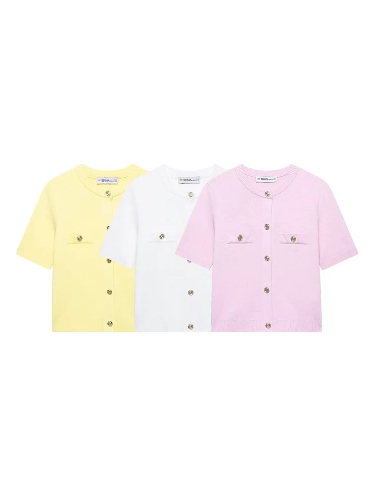 

Koekop Women Fashion With Pockets Solid Single Breasted Knitted Sweater Vintage O-Neck Short Sleeves Female Chic Lady Outfits