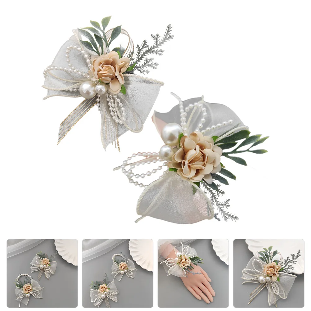ชุดดอกไม้ประดับข้อมือและดอกไม้ติดอกสำหรับงานแต่งงาน 2 ชิ้น ดีไซน์หรูหรา ทำจากผ้าประดับมุก เหมาะสำหรับเจ้าสาว เพื่อนเจ้าสาว สไตล์เรียบง่าย โบฮีเมียน และงานพรอม