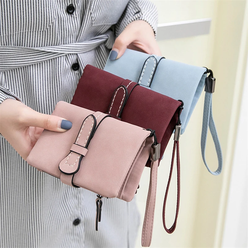 Multifunction Short Purse Fold Women Wallets Drawstring Nubuck Leather Zipper Wallet With Wrist strap Ladies Carteira Feminina