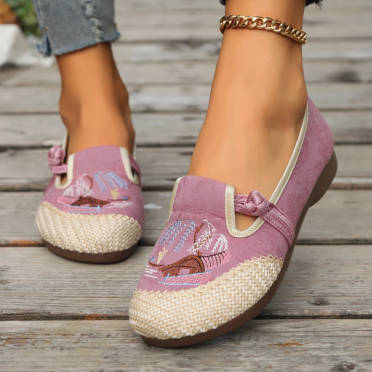 Pumps Shoes Women Loafers Low Heels Flats Casual Summer Barefoot Embroidery Chinese Style Espadrilles Elegant Designer Round Toe