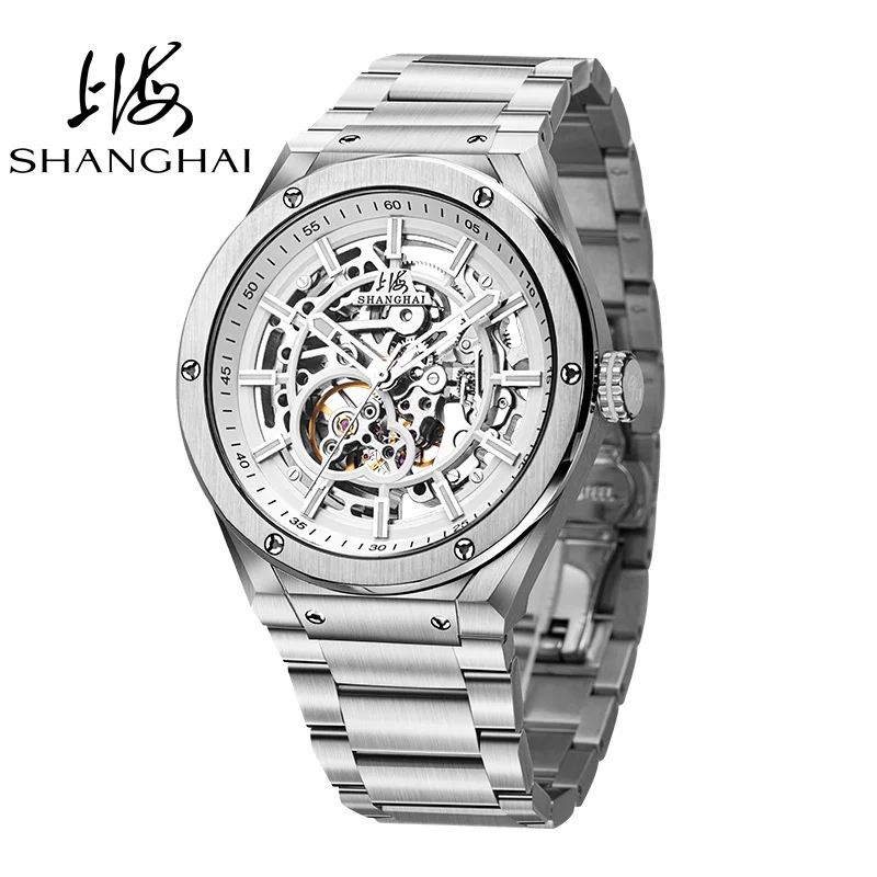 New Shanghai Men's Watch Skeleton Sports Automatic Mechanical Watch Stainless Steel Watch Original Brand Men's Watch 23-1646-SKS