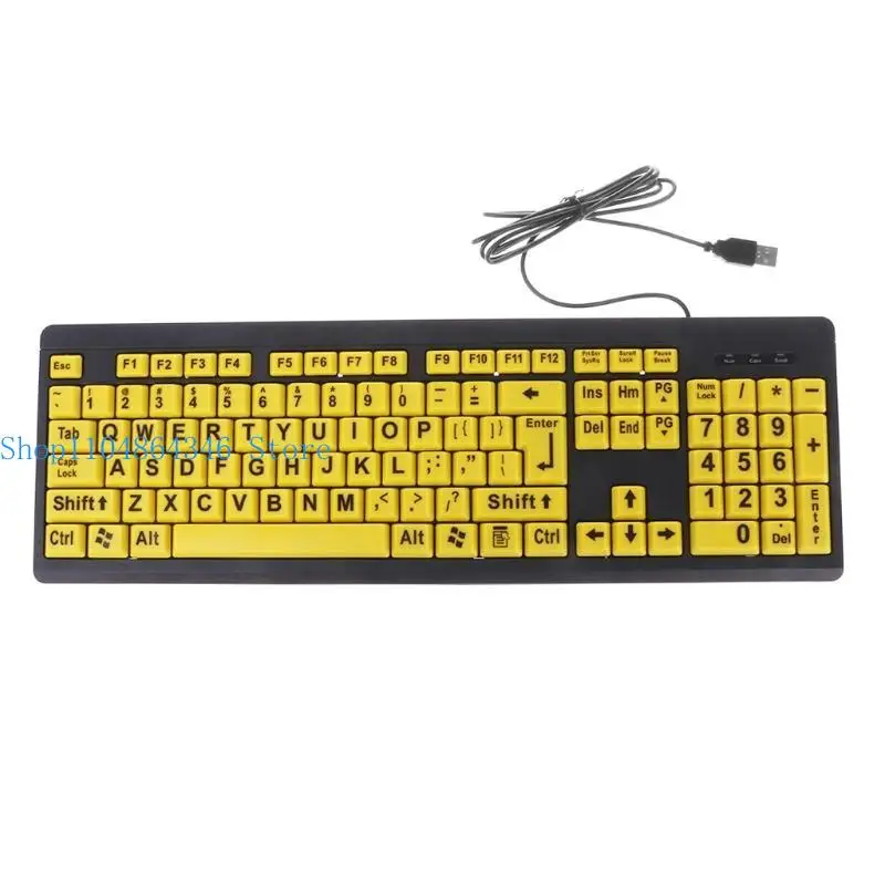 652F USB Computer Game Gaming Keyboard High Contrast Large Print White Keys Black Letter for Old People Elderly Men