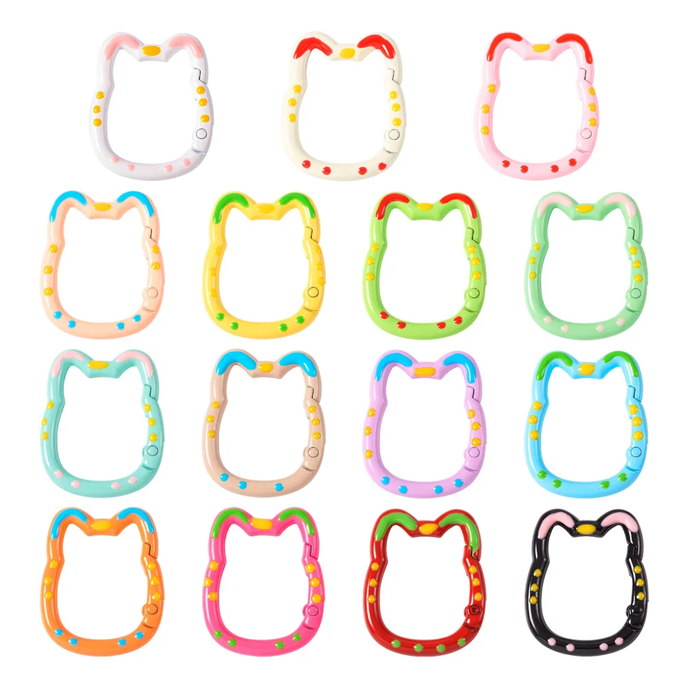 15Pcs Metal Enamel Spring Gate Rings Cat Head Strap Buckle Connect Pendant Key Chain Snap Clasp Clip for DIY Jewelry Making