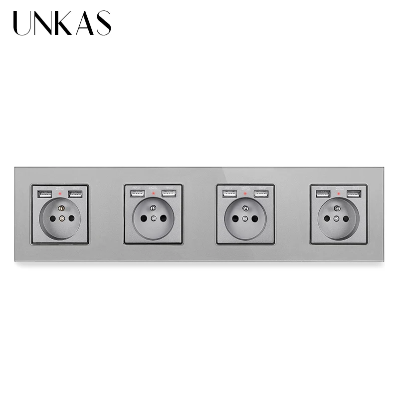 UNKAS Gold Wall Crystal Glass Panel 4 Gang Power Socket Grounded 16A French Standard Outlet With 8 USB For Mobile Phone