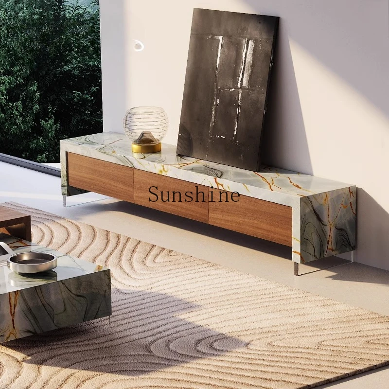 

Italian modern villa home natural luxury stone coffee table TV cabinet combination