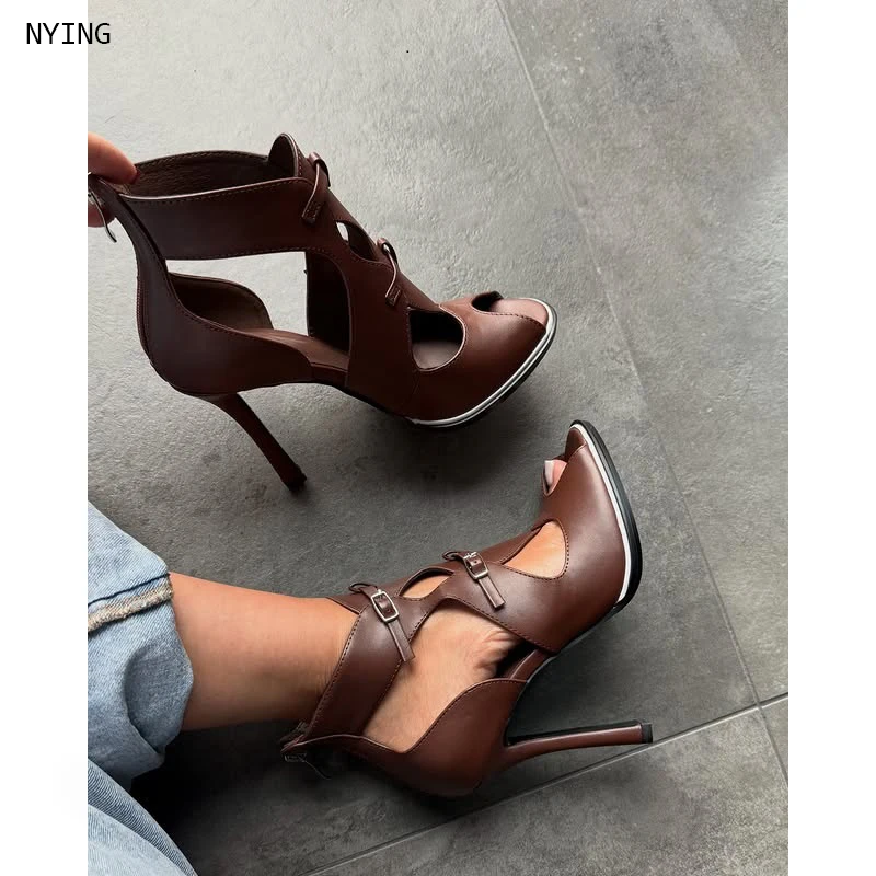 

2026 Modern Ankle Zipper Sandals Party Hollow Out High Stiletto Heels Back Zipper Narrow Band Shoes Peep Toe Casual Fashion 44