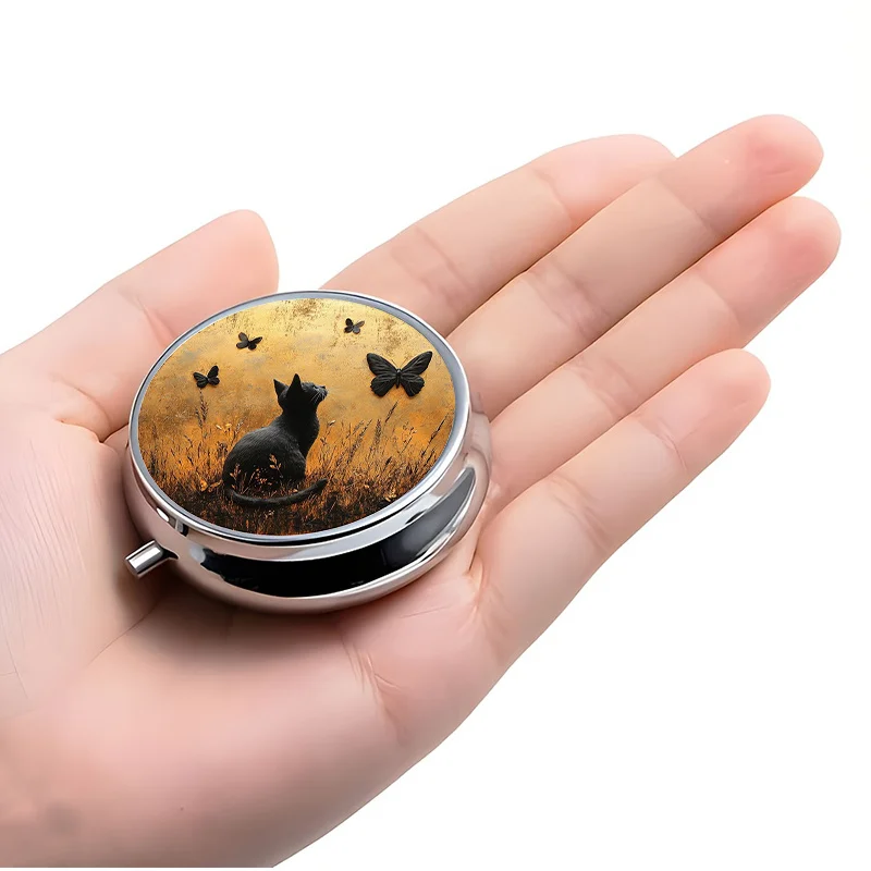 1 Cute Cat and Butterfly Themed Travel Pill Box with 3 Compartments - Portable Vitamin Box, Plastic and Metal Mini Pill Case, Suitable for Carrying with You - Unique Vitamin and Medication Gift